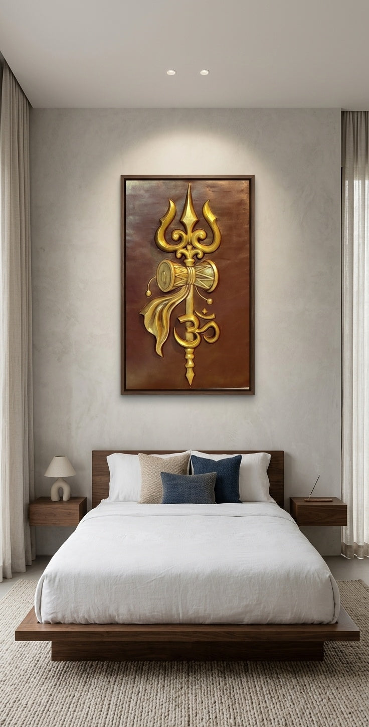 Golden Trishul with Damru and Om 3D Relief Mural Wall Art - Room Mockup 3