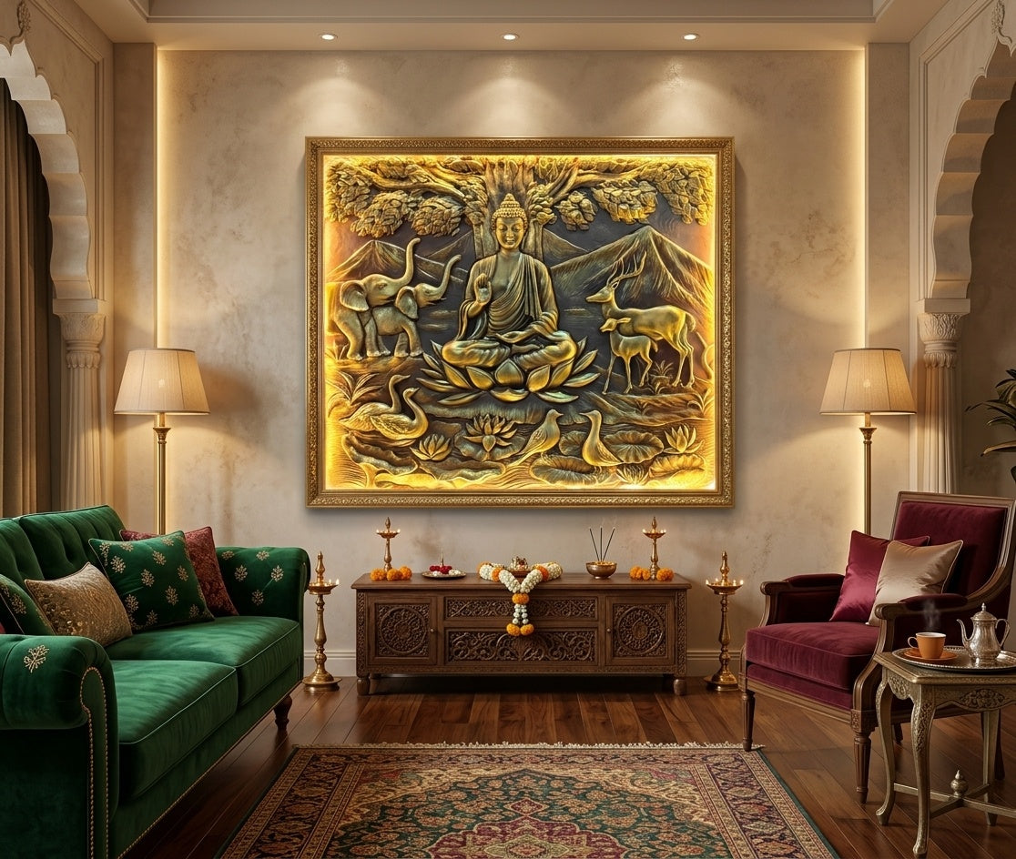 Meditating Blessing Buddha Under Bodhi Tree 3D Relief Wall Art Panel - Room Mockup 1