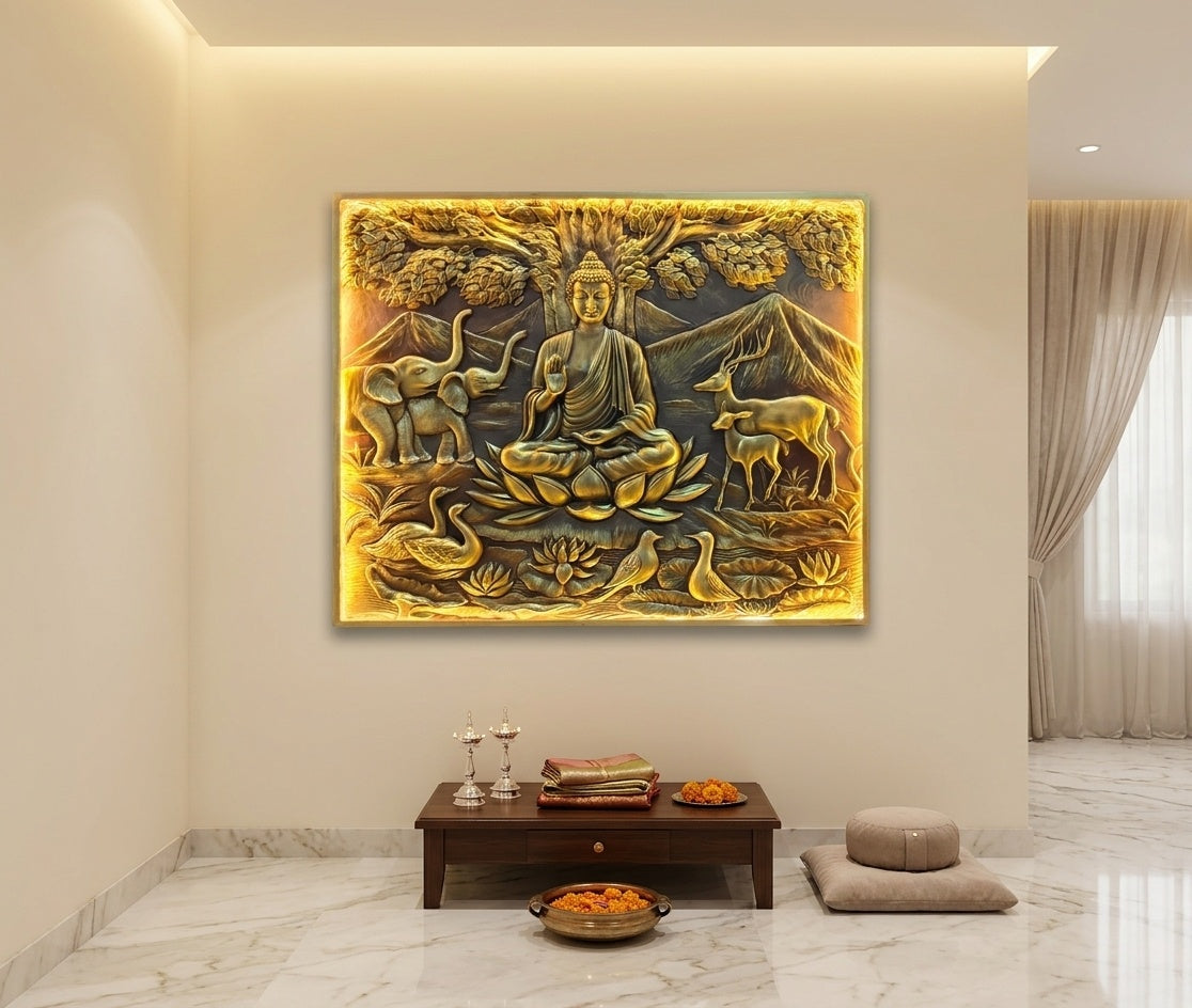 Meditating Blessing Buddha Under Bodhi Tree 3D Relief Wall Art Panel - Room Mockup 2