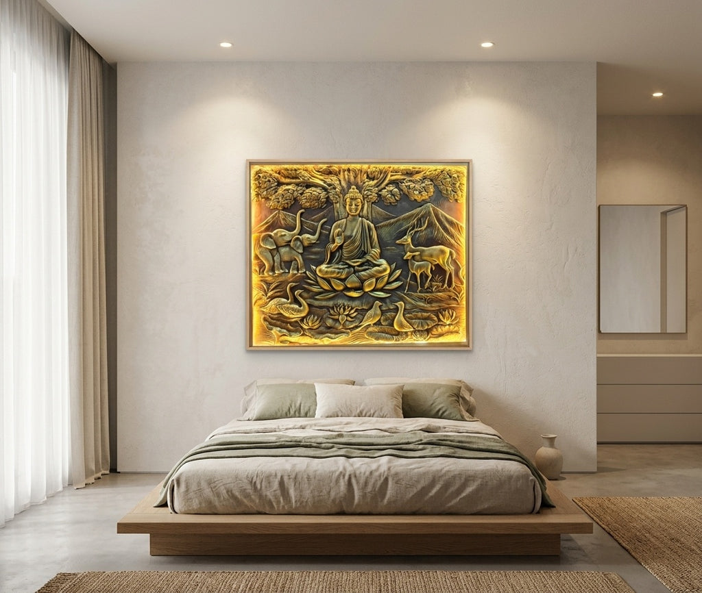 Meditating Blessing Buddha Under Bodhi Tree 3D Relief Wall Art Panel - Room Mockup 3