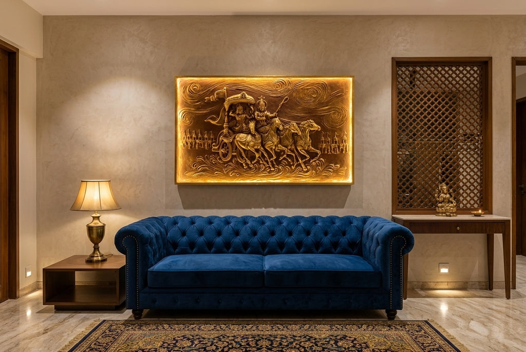 Geeta Upadesh Krishna Arjuna Chariot 3D Relief Wall Art (with LED Backlight) - Room Mockup 1