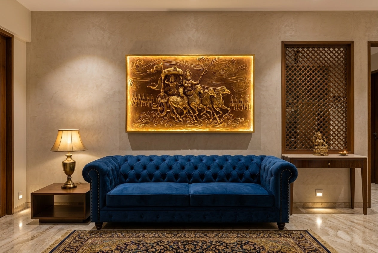 Geeta Upadesh Krishna Arjuna Chariot 3D Relief Wall Art (with LED Backlight) - Room Mockup 1