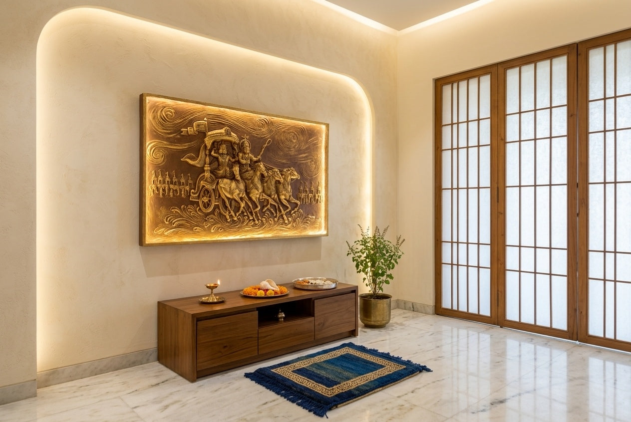 Geeta Upadesh Krishna Arjuna Chariot 3D Relief Wall Art (with LED Backlight) - Room Mockup 2