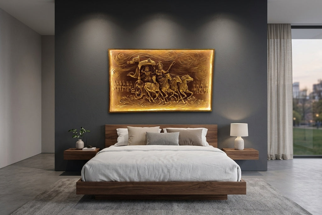 Geeta Upadesh Krishna Arjuna Chariot 3D Relief Wall Art (with LED Backlight) - Room Mockup 3