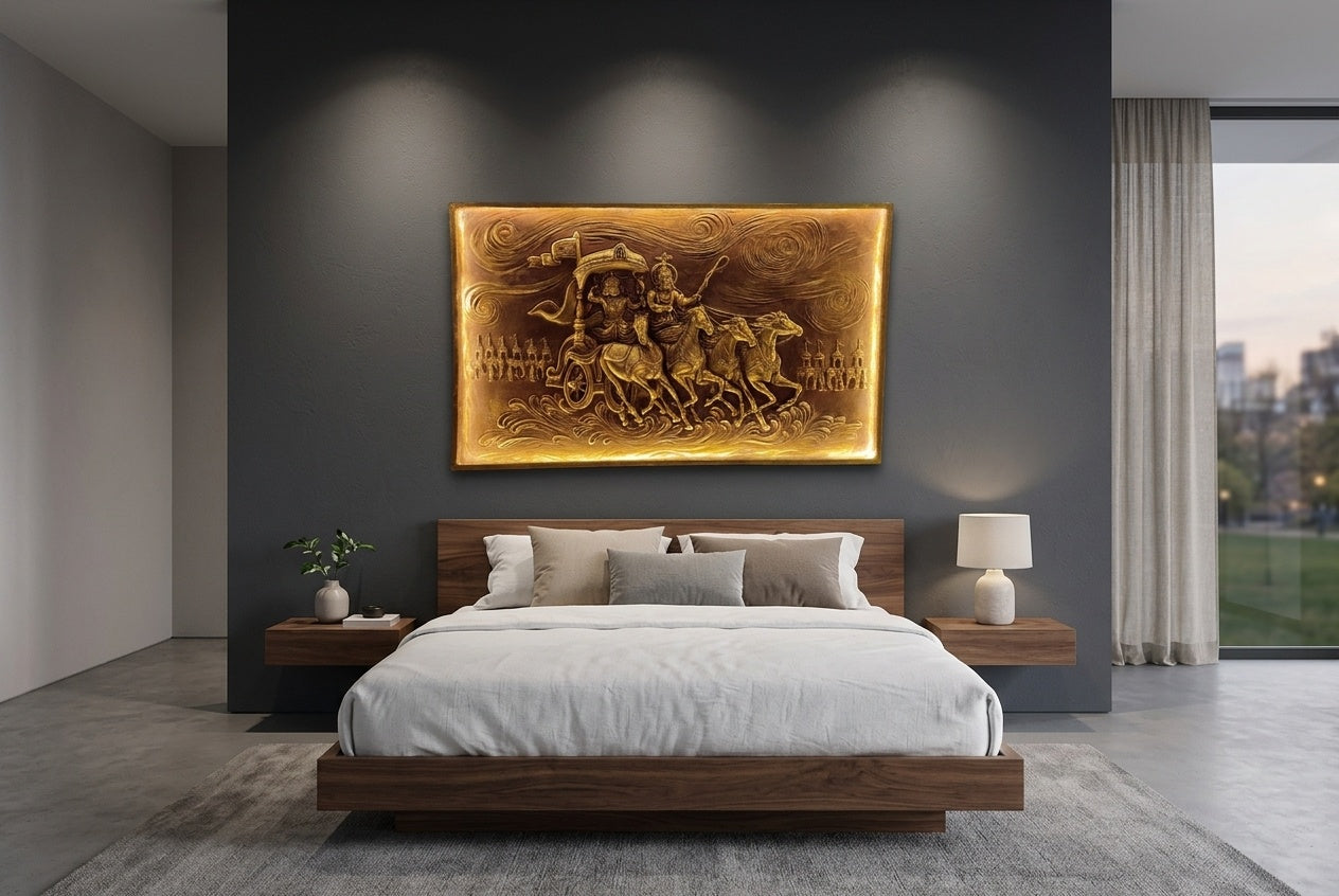 Geeta Upadesh Krishna Arjuna Chariot 3D Relief Wall Art (with LED Backlight) - Room Mockup 3