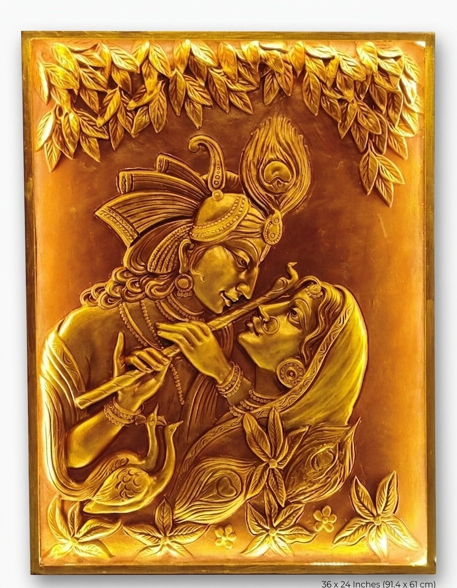 Divine Radha Krishna Metallic Gold 3D Relief Sculpture Panel - Studio Detail