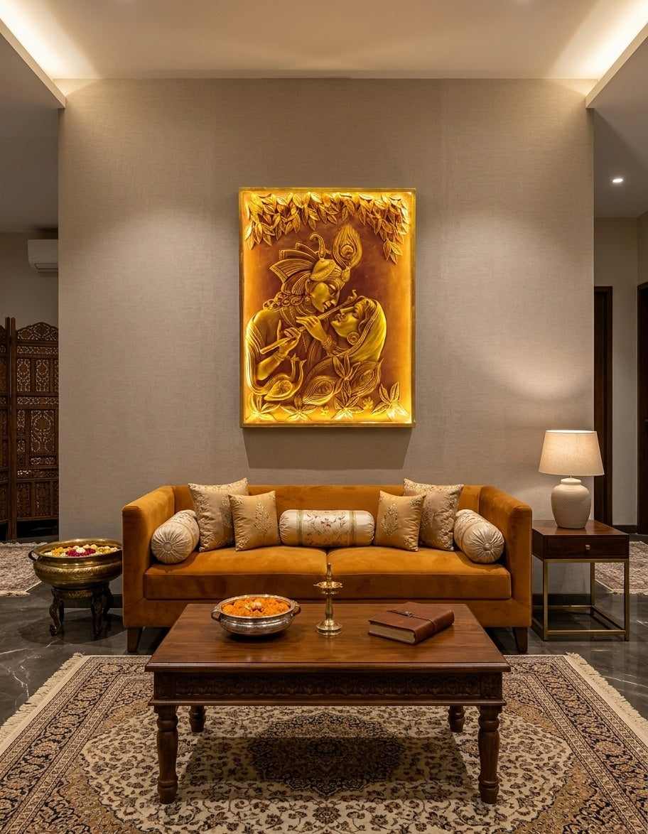 Divine Radha Krishna Metallic Gold 3D Relief Sculpture Panel - Room Mockup 1