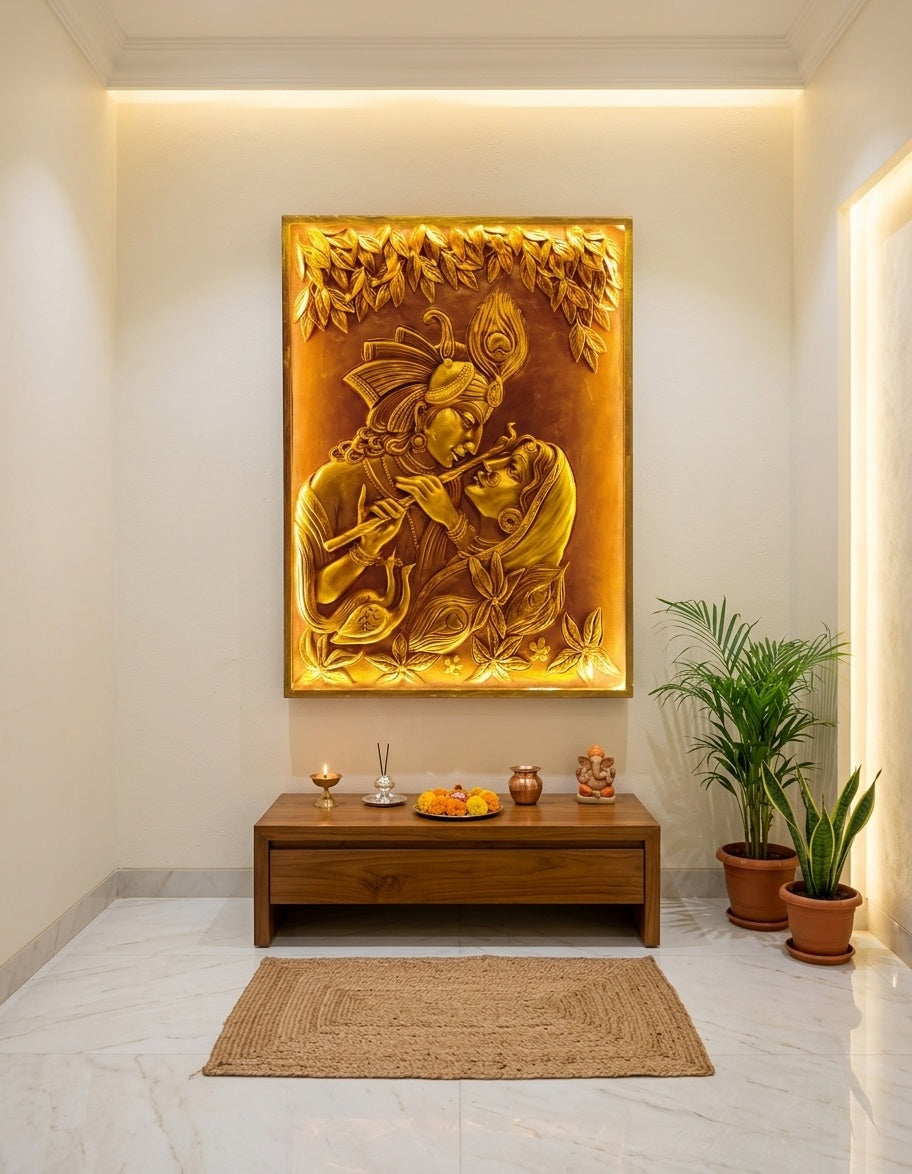 Divine Radha Krishna Metallic Gold 3D Relief Sculpture Panel - Room Mockup 2