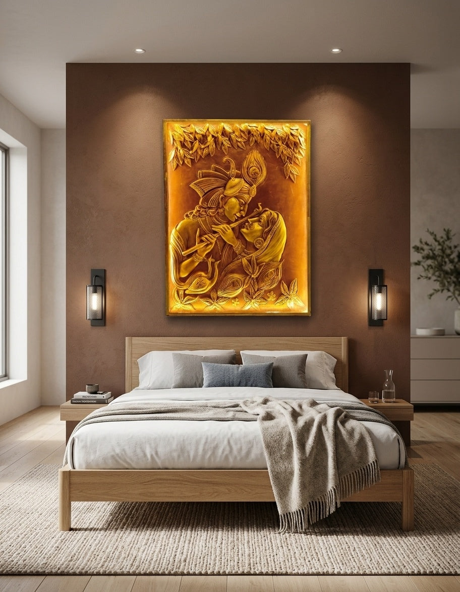 Divine Radha Krishna Metallic Gold 3D Relief Sculpture Panel - Room Mockup 3