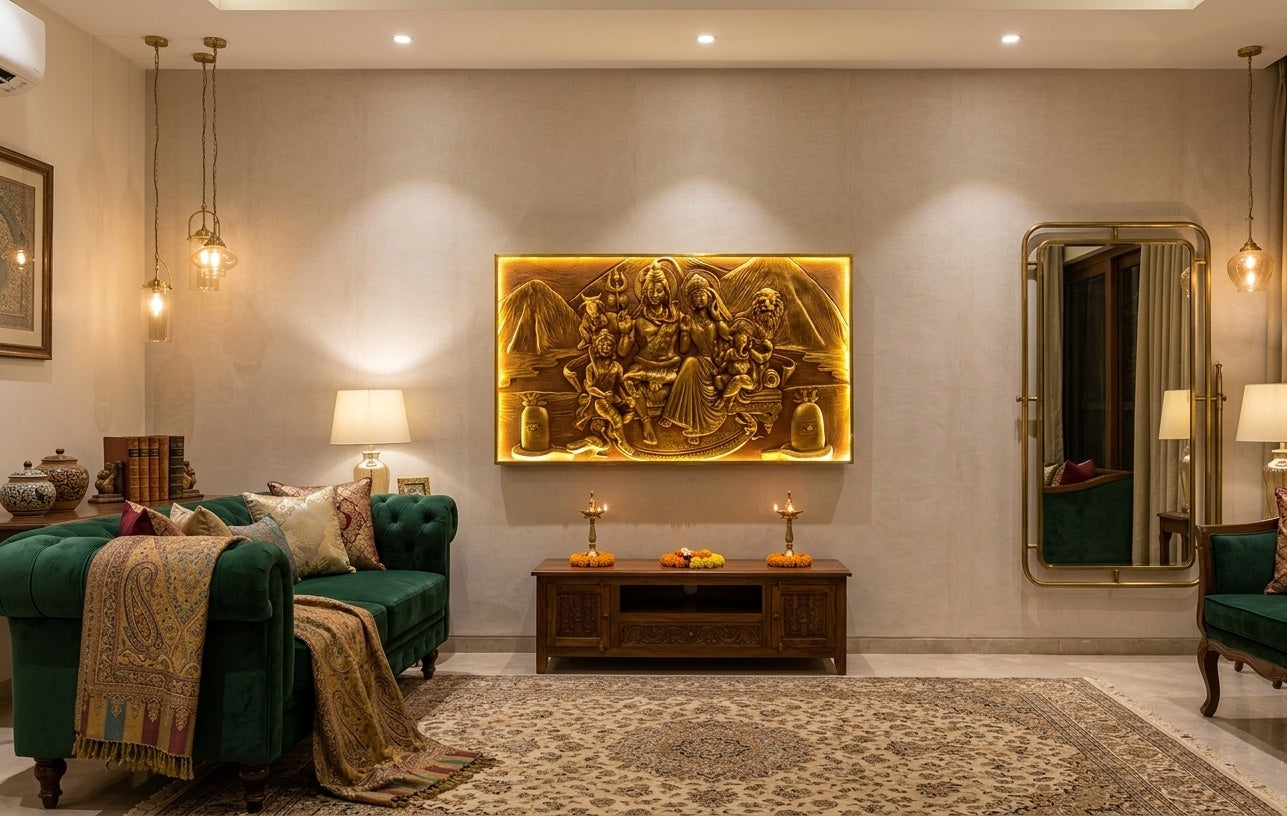 Shiva Parivar 3D Relief Mural Panel with LED Backlight - Room Mockup 1