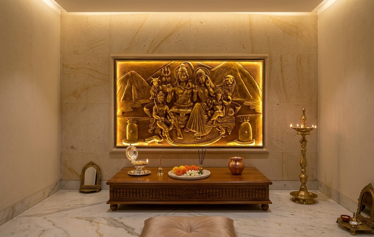 Shiva Parivar 3D Relief Mural Panel with LED Backlight - Room Mockup 2