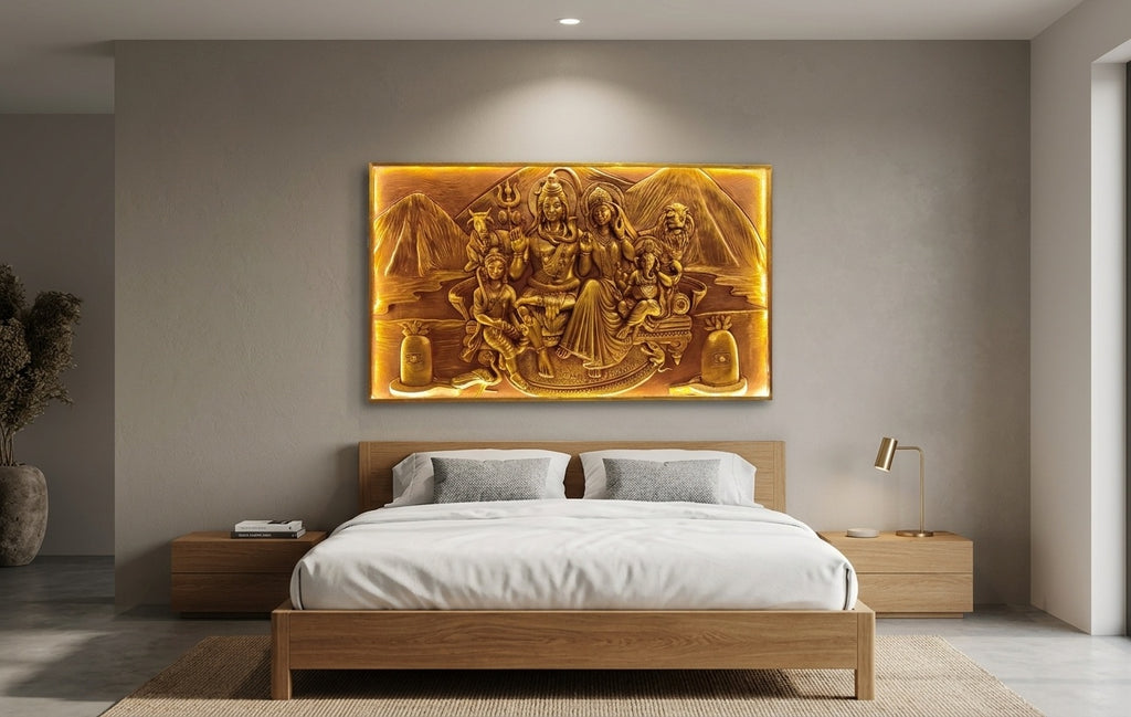 Shiva Parivar 3D Relief Mural Panel with LED Backlight - Room Mockup 3