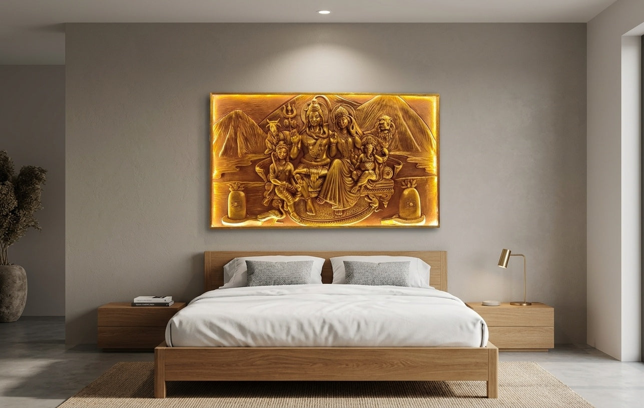 Shiva Parivar 3D Relief Mural Panel with LED Backlight - Room Mockup 3