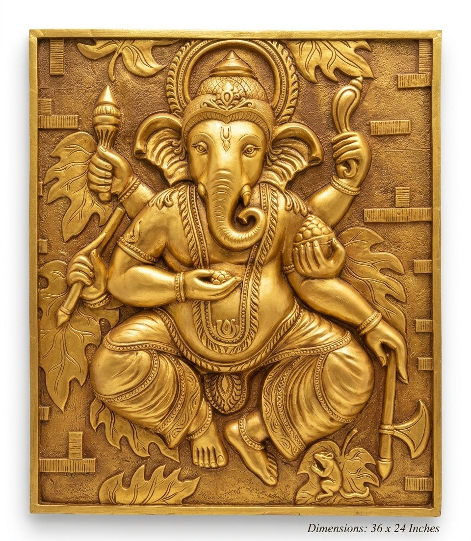 Divine Ganesha Golden 3D Relief Mural Wall Art Panel - Studio Detail