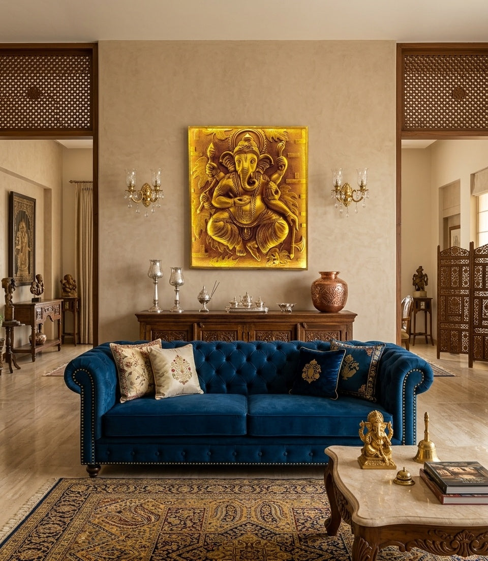 Divine Ganesha Golden 3D Relief Mural Wall Art Panel - Room Mockup 1