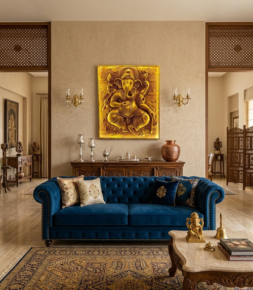 Divine Ganesha Golden 3D Relief Mural Wall Art Panel - Room Mockup 1