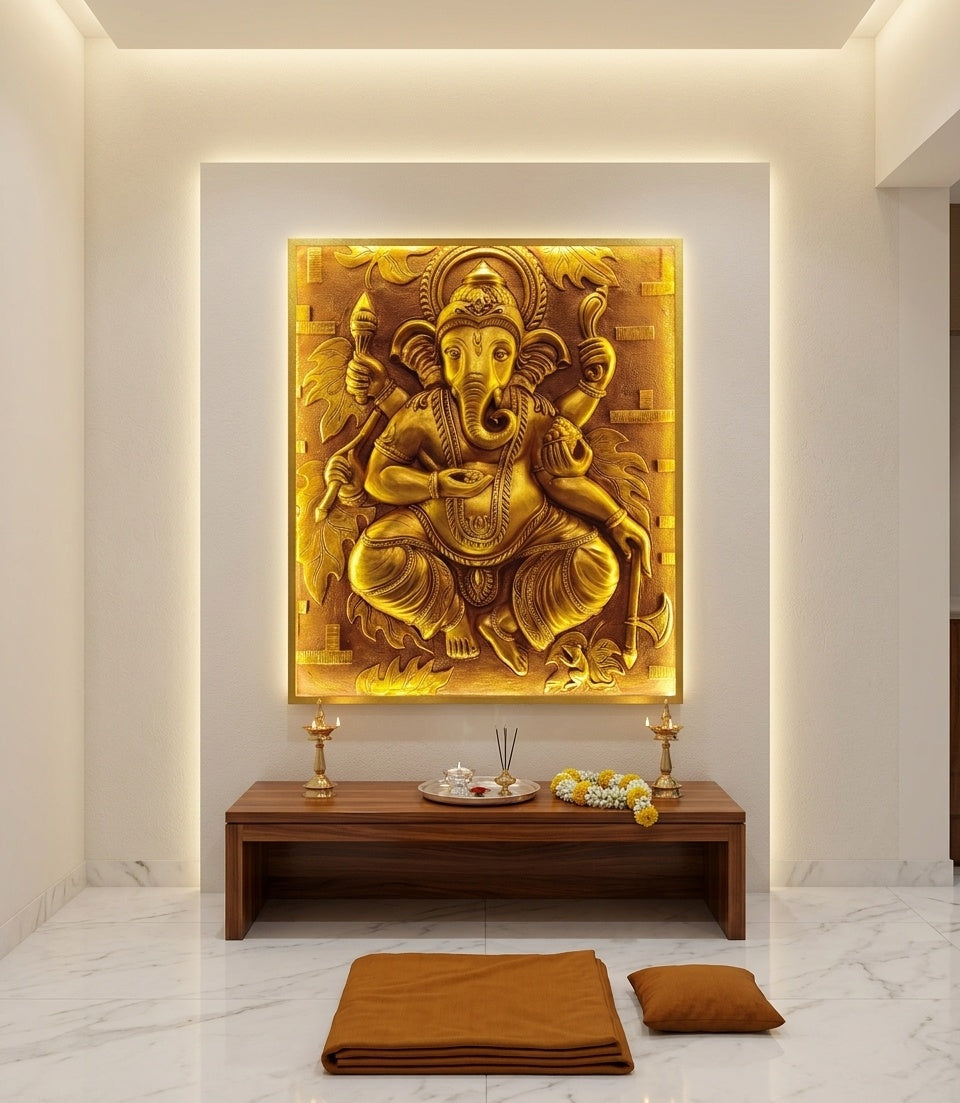 Divine Ganesha Golden 3D Relief Mural Wall Art Panel - Room Mockup 2