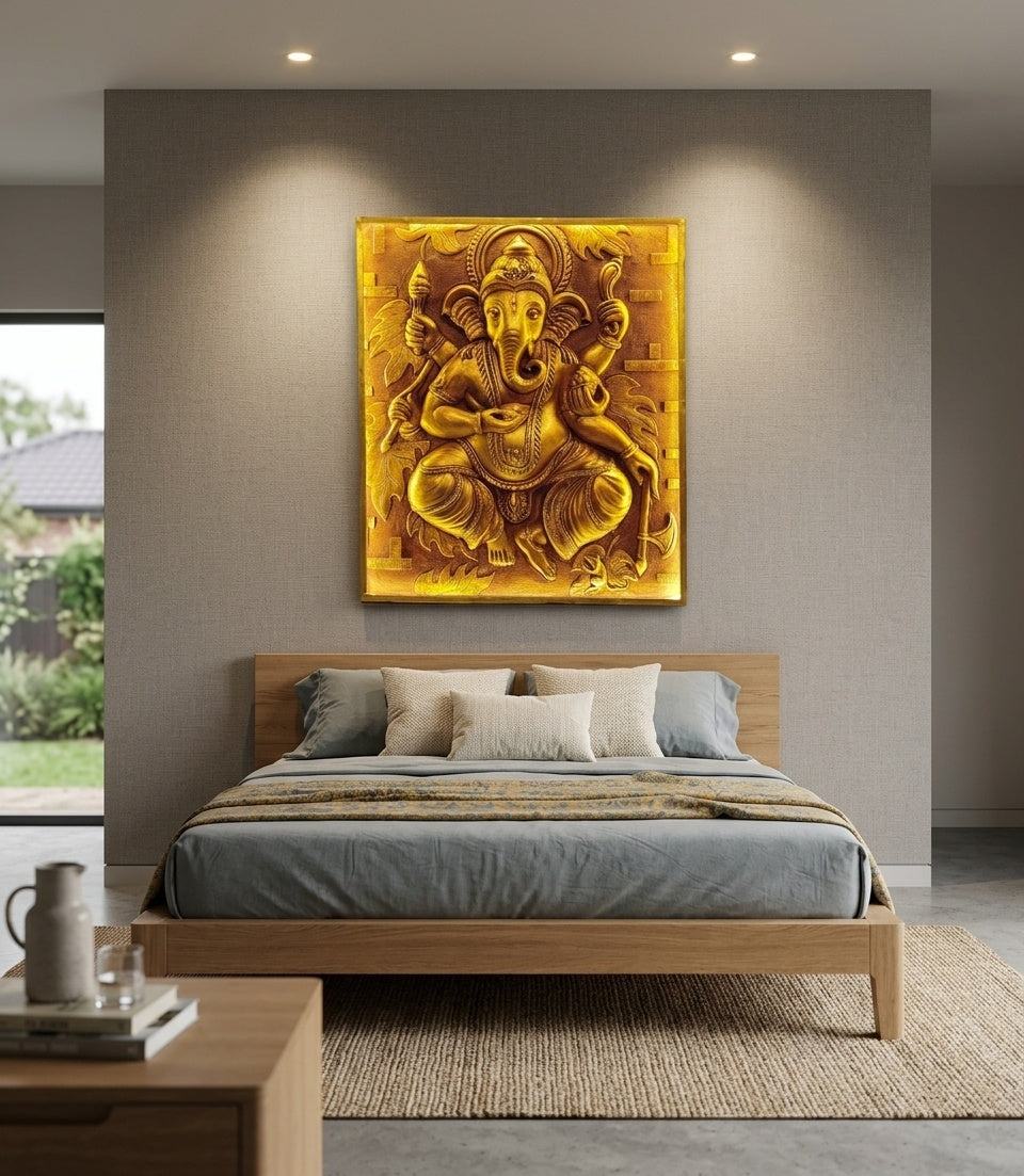 Divine Ganesha Golden 3D Relief Mural Wall Art Panel - Room Mockup 3