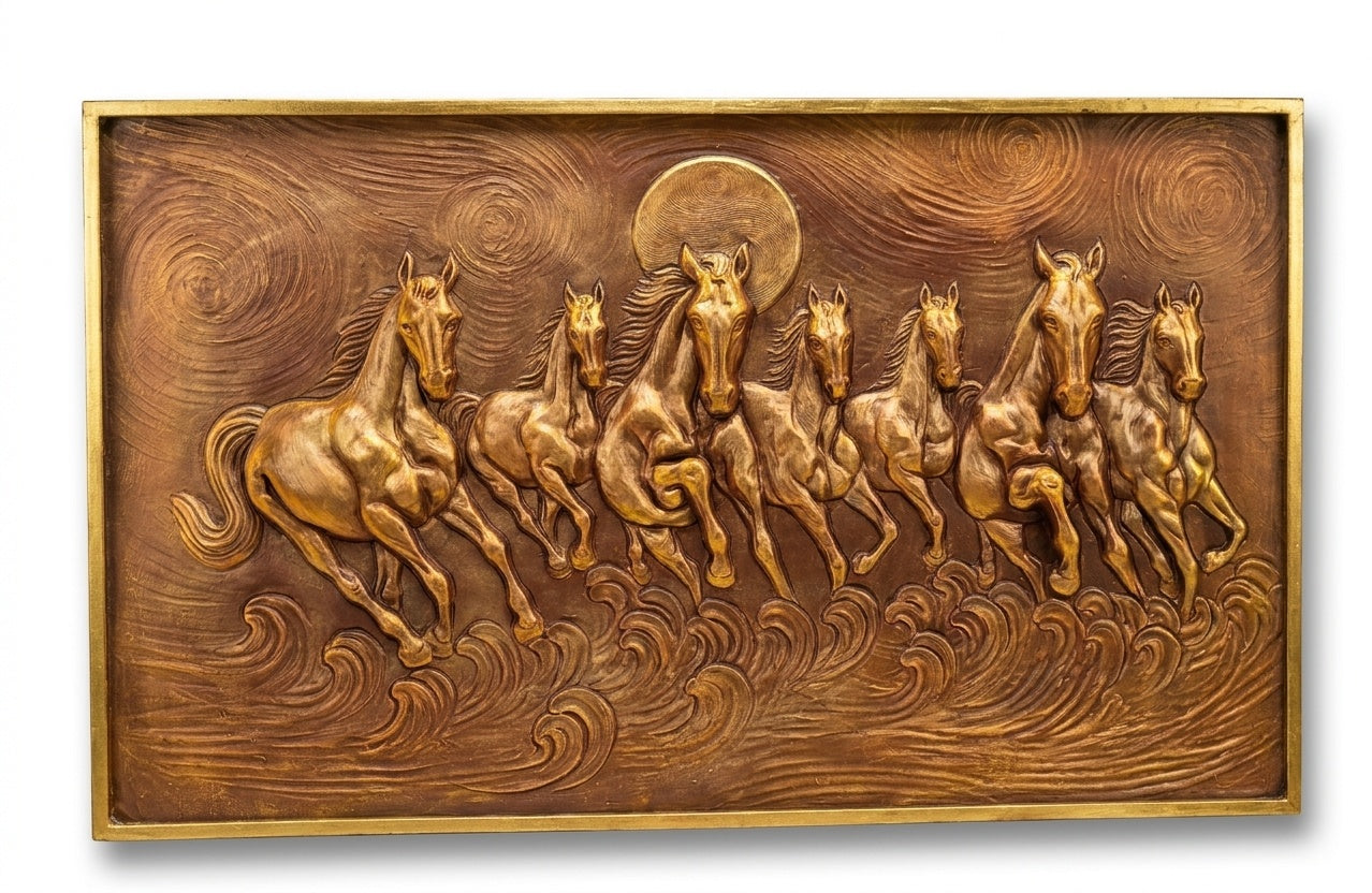 Seven Running Horses Metallic Gold 3D Relief Mural Wall Art with LED Backlight - Studio Detail
