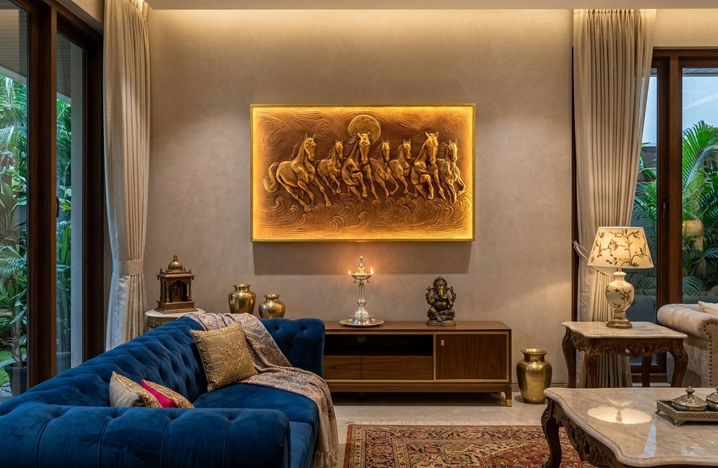 Seven Running Horses Metallic Gold 3D Relief Mural Wall Art with LED Backlight - Room Mockup 1