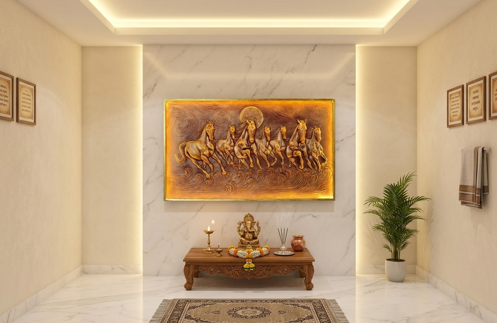 Seven Running Horses Metallic Gold 3D Relief Mural Wall Art with LED Backlight - Room Mockup 2