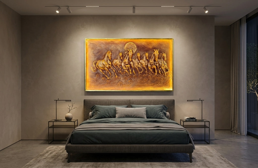 Seven Running Horses Metallic Gold 3D Relief Mural Wall Art with LED Backlight - Room Mockup 3