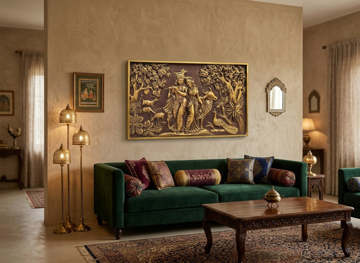 Radha Krishna with Cow and Peacock 3D Relief Wall Art - Room Mockup 1