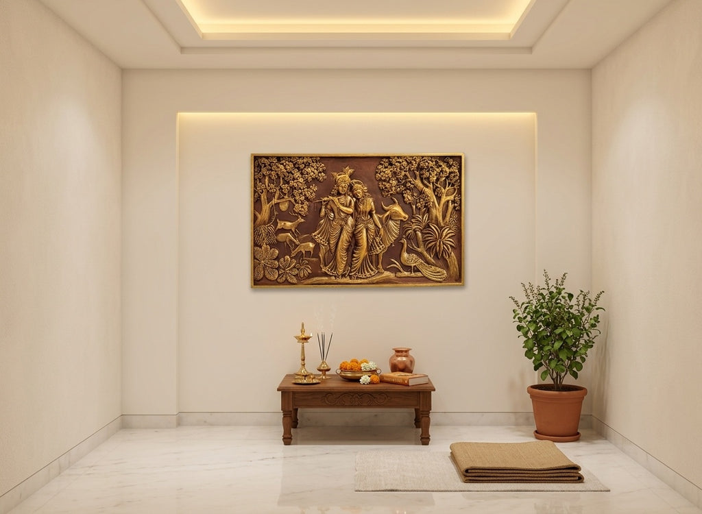 Radha Krishna with Cow and Peacock 3D Relief Wall Art - Room Mockup 2
