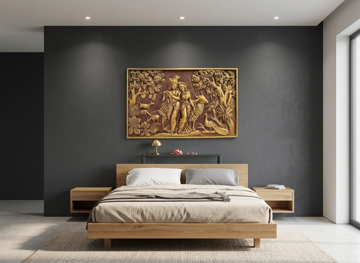 Radha Krishna with Cow and Peacock 3D Relief Wall Art - Room Mockup 3