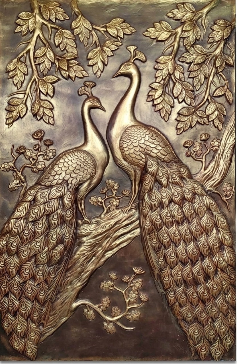 Majestic Twin Peacocks 3D Relief Wall Art Panel - Studio Detail
