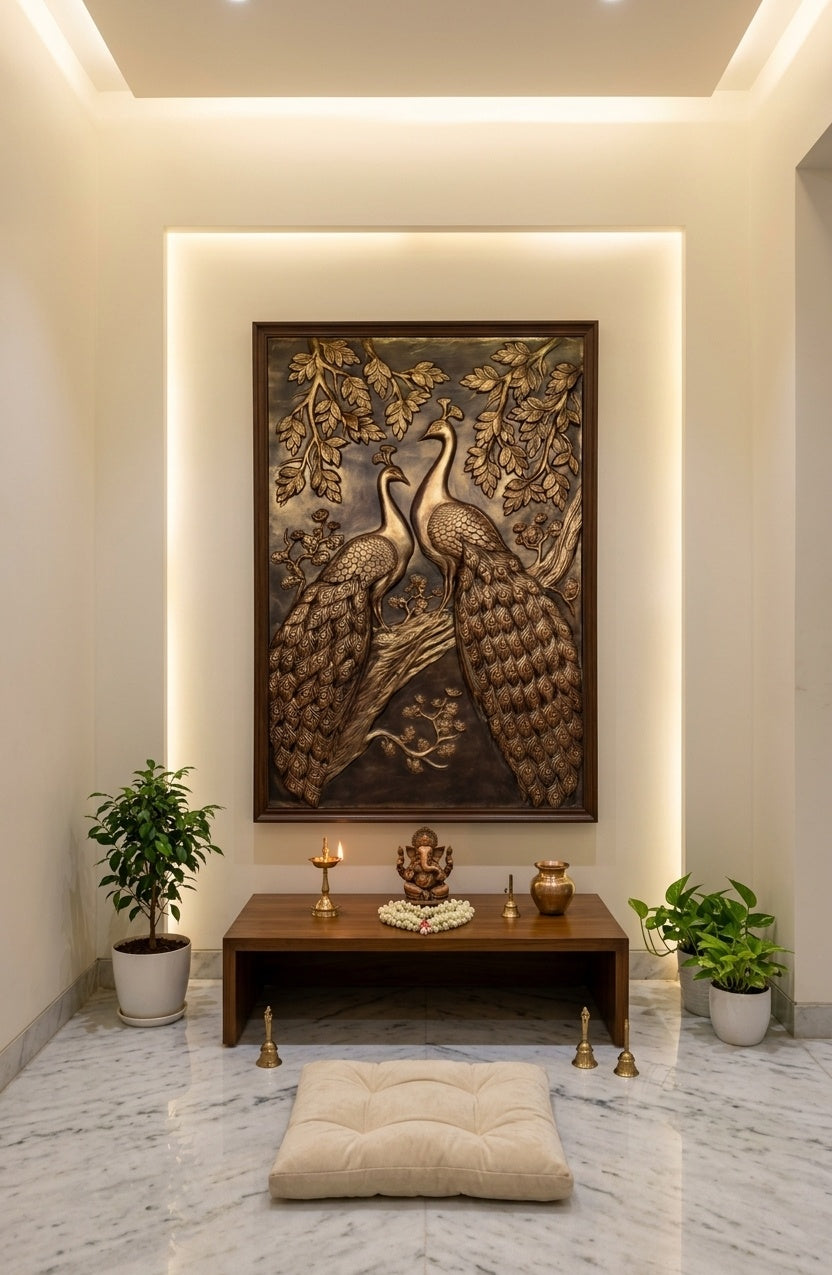 Majestic Twin Peacocks 3D Relief Wall Art Panel - Room Mockup 2