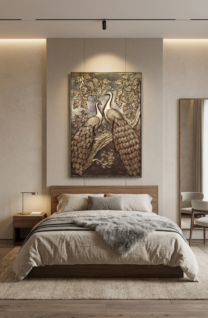 Majestic Twin Peacocks 3D Relief Wall Art Panel - Room Mockup 3