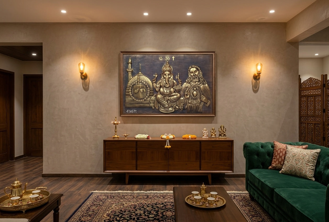 Sarva Dharma Interfaith Harmony 3D Relief Mural - Room Mockup 1