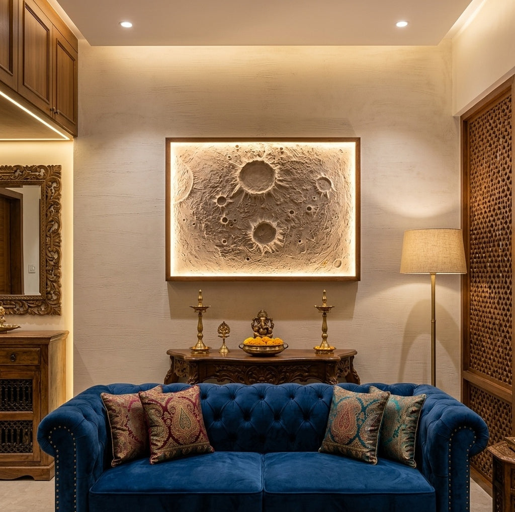 3D Moon Crater Relief Backlit Wall Art - Room Mockup 1