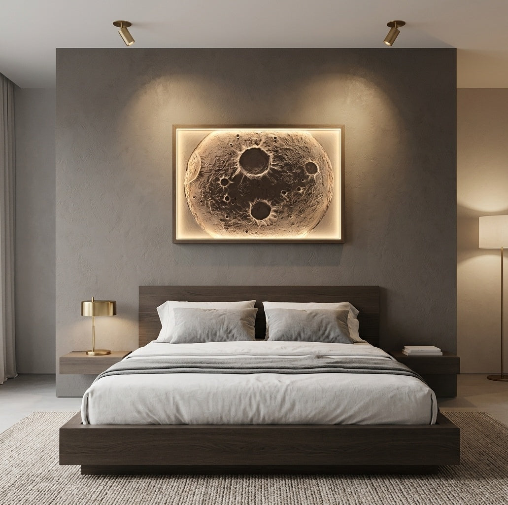 3D Moon Crater Relief Backlit Wall Art - Room Mockup 3