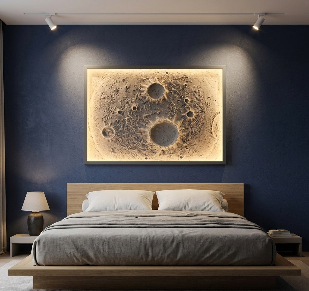 3D Backlit Moon Relief Sculpture Wall Art - Room Mockup 3